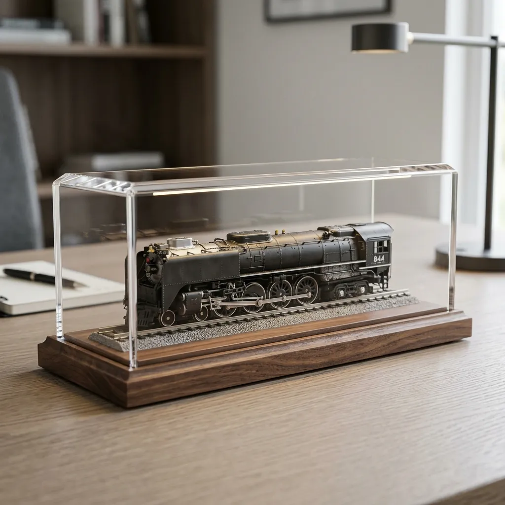 高質感的透明壓克力搭配原木底座，裡面擺著一台精緻的金屬火車頭