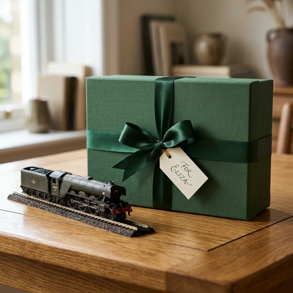 一組綁著深色綠緞帶的列車模型豪華大禮盒放在質感木桌上，旁邊放著一台極其閃耀的金屬火車頭