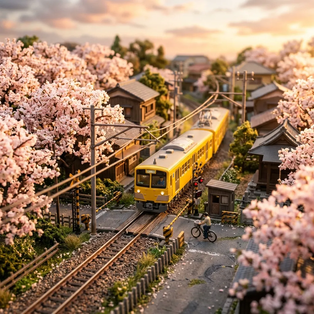 被夕陽餘暉穿透的房間內，一顆覆蓋著櫻花花瓣與黃色通勤電車的 N 軌鐵道模型沙盤，充滿新海誠電影的動畫濾鏡感