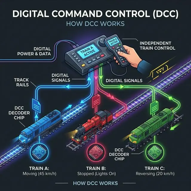 DCC 數位指令控制架構圖：指揮站透過軌道傳送訊號給每輛車的解碼器