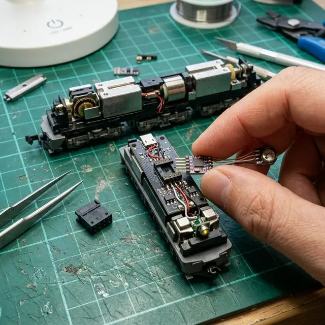 將 DCC 解碼器插入 N 軌模型火車的 6-pin 插槽