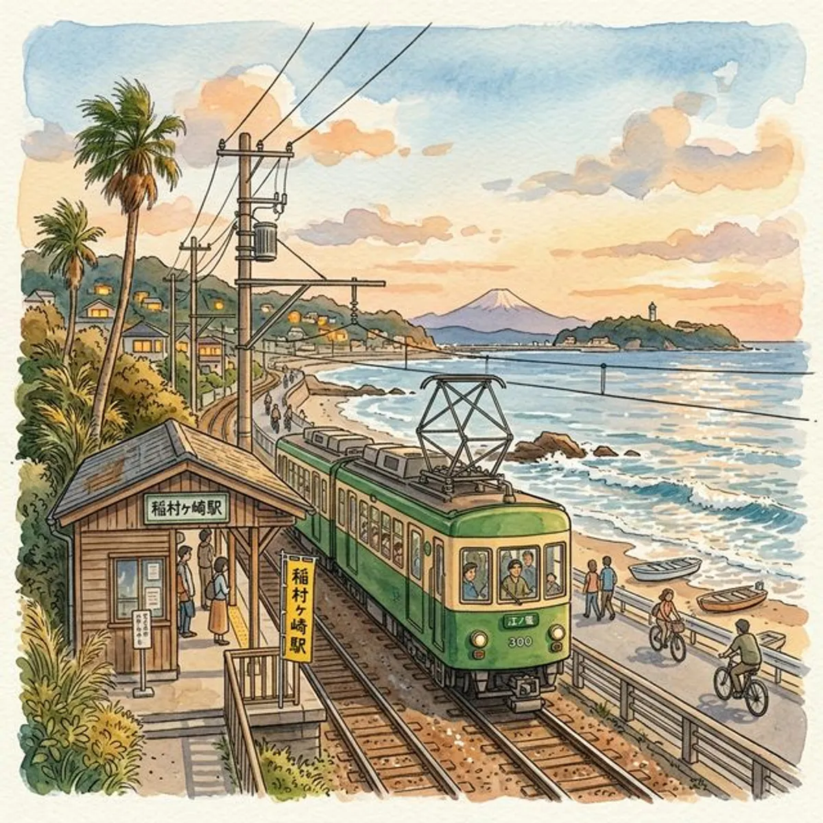 江之電沿著湘南海岸線行駛：菱形集電弓與復古綠色塗裝