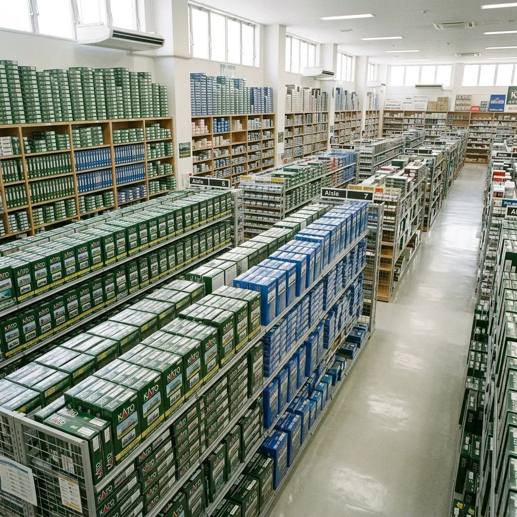 明亮的日本秋葉原模型店，兩側擺滿了直達天花板的綠色與藍色鐵道模型盒子
