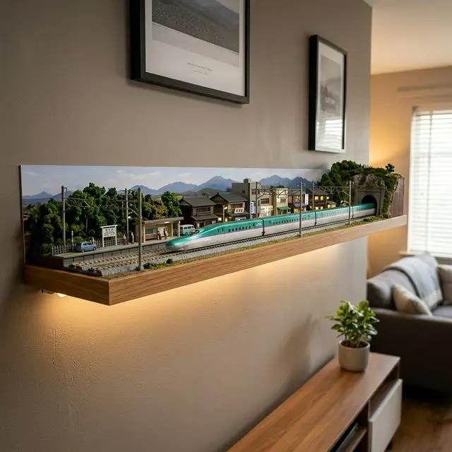 壁掛展示型 N 軌佈局，120x30cm，新幹線停在軌道上
