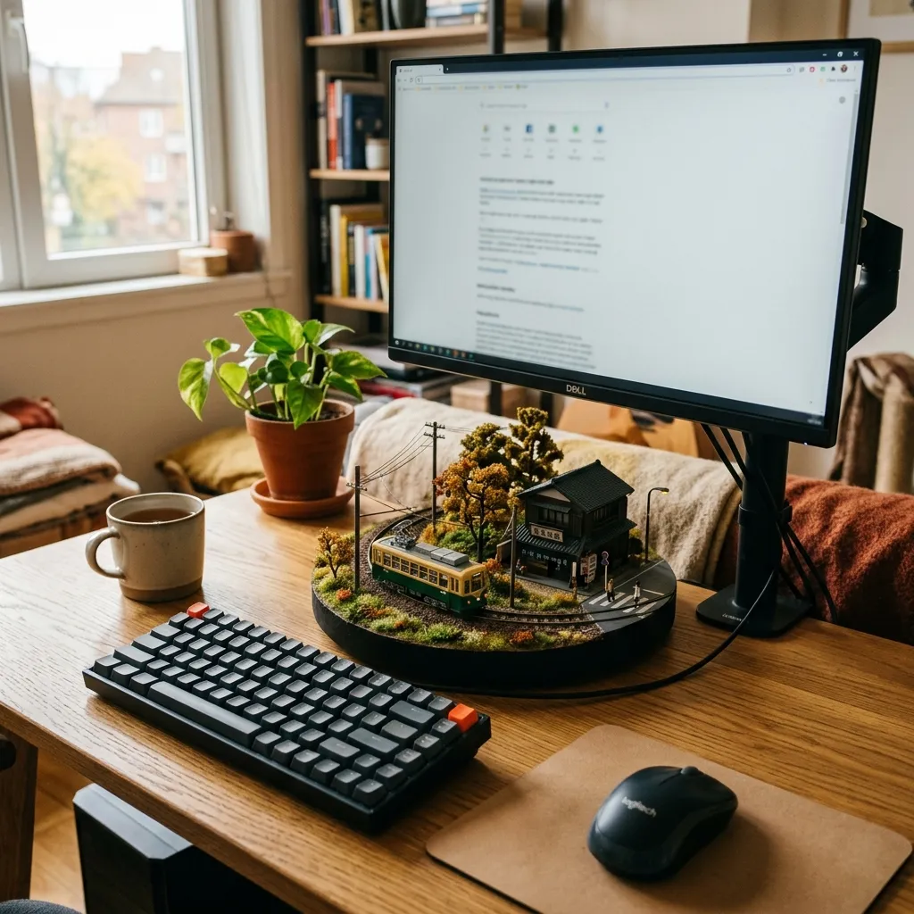 放著電腦螢幕的現代小桌子上，螢幕正下方精巧地卡著一座面積小於 A4 的路面電車迴圈鐵道造景