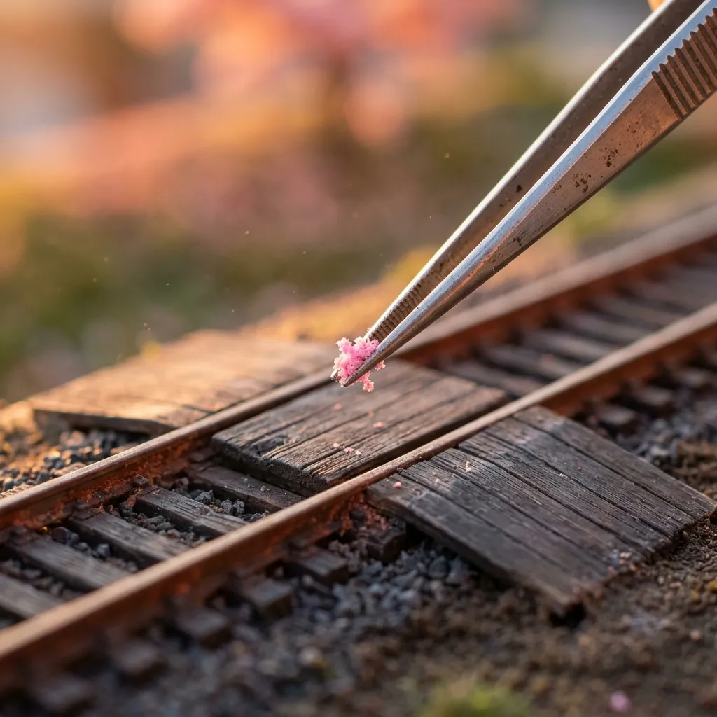 鑷子夾取櫻花粉末小心放置在鐵軌旁