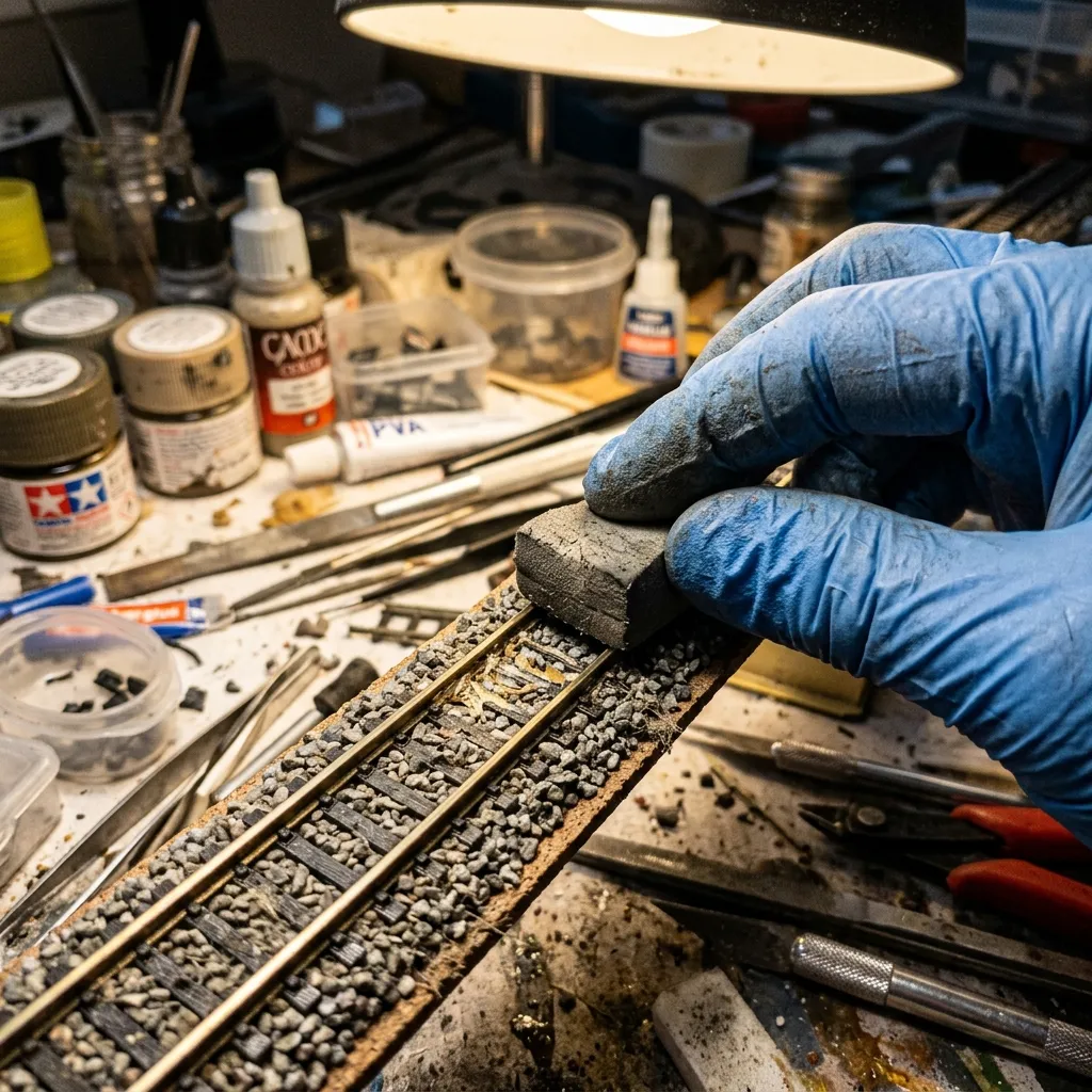 使用軌道清潔橡皮擦，用力摩擦鐵軌金屬頂部，刮除任何殘留的絕緣膠水