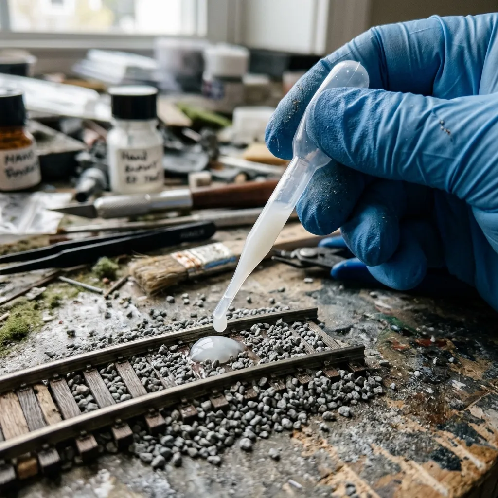 用透明滴管將乳白色的稀釋道碴膠水，輕輕滴在鐵軌邊緣讓其毛細滲透