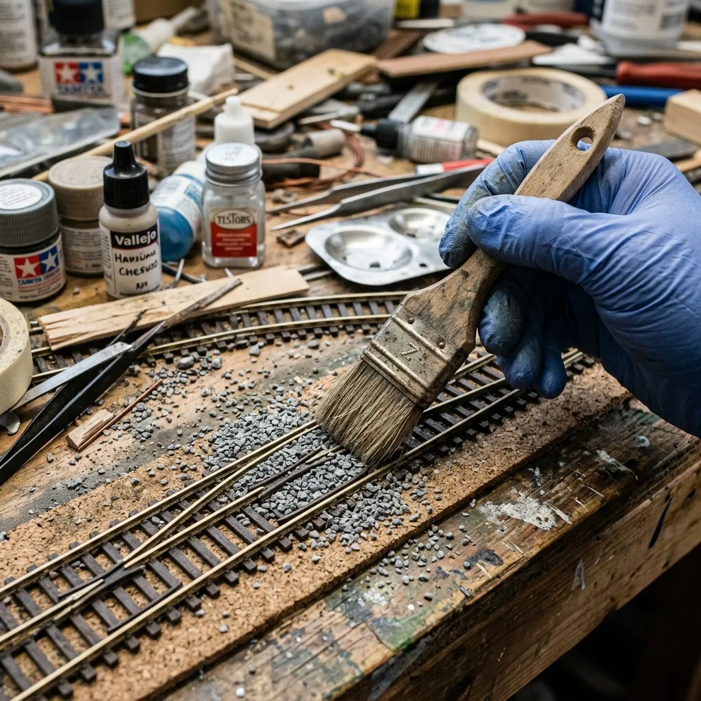 使用平口筆刷掃平 N 軌間的乾燥碎石