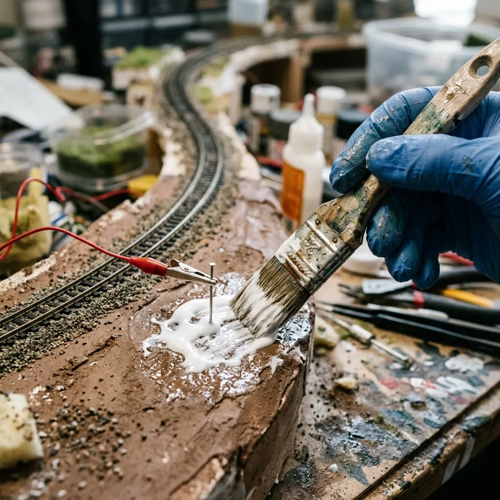 用刷子塗抹佈景白膠後，將鱷魚夾固定在地形上的圖釘或金屬大頭釘做為接地端