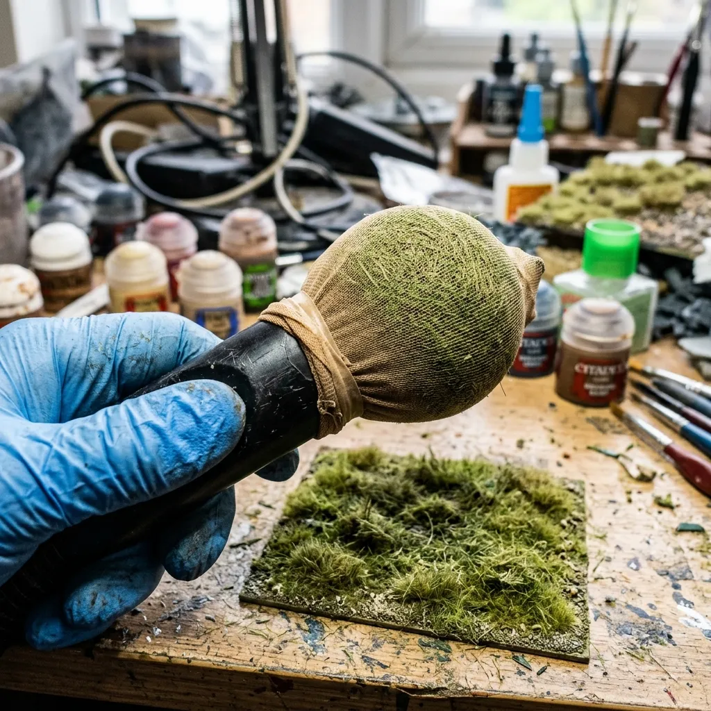 利用最強力的家用無線吸塵器，在管口緊綁一條舊女性絲襪當作細孔過濾網，快速吸除並無損回收所有未沾著膠水的昂貴乾草粉