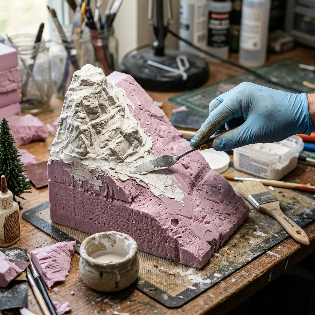 使用鋼製迷你抹刀將濕潤的石膏補土抹入岩塊與保麗龍之間的縫隙，使其融為一體
