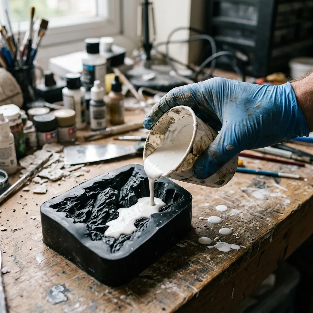 一隻戴著手套的手拿著紙杯，將濃稠的液態石膏徐徐倒入充滿細節的矽膠岩石模具中