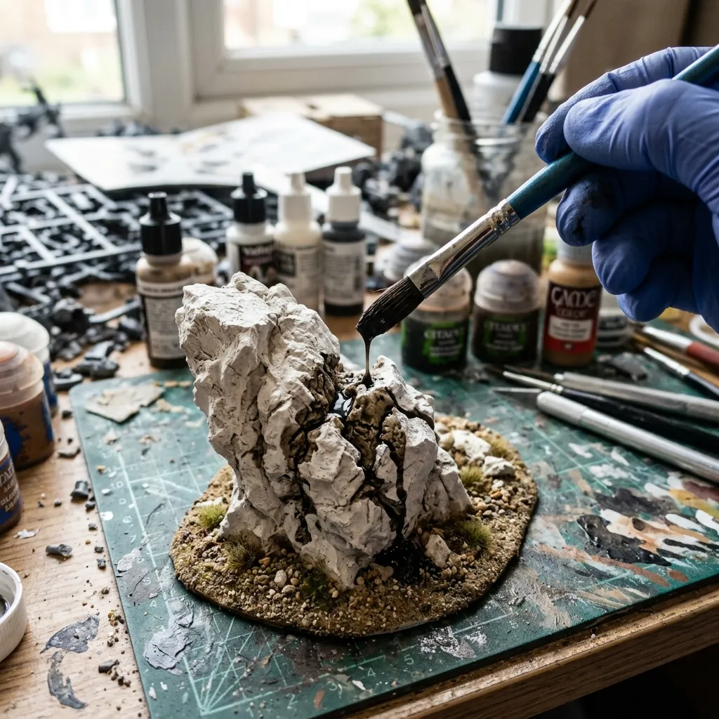 用水彩筆滴下黑色洗染顏料，黑水瞬間被石膏毛細孔吸收，勾勒出極為深邃立體的岩石裂縫