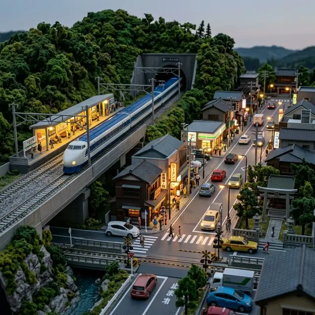 N軌鐵道模型完成場景：人偶、路燈、招牌等精緻細節