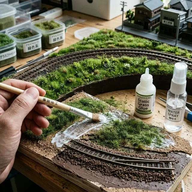 鐵道模型場景鋪草皮：塗白膠灑草粉