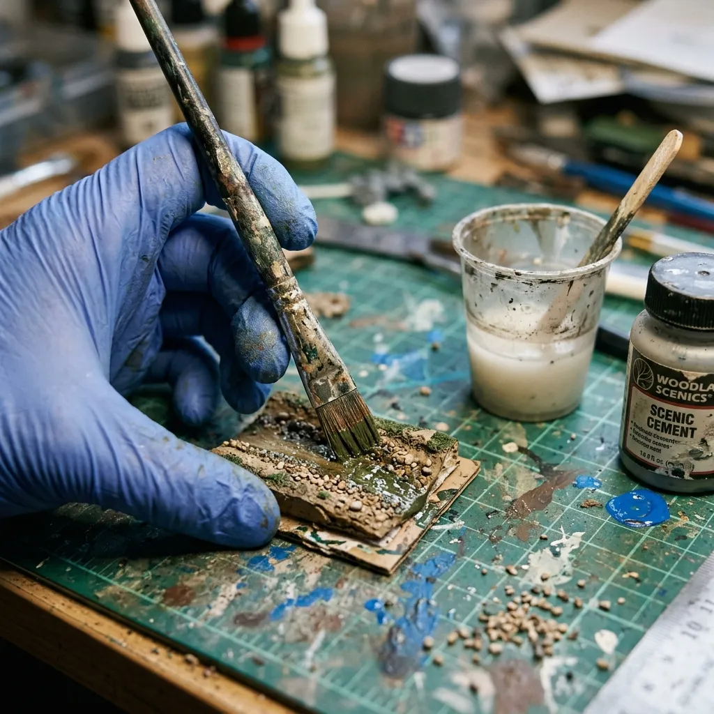 使用壓克力顏料為N軌河床底板進行塗裝