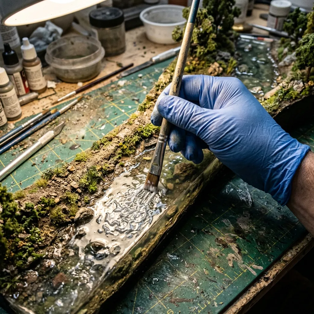 使用平口水彩筆沾取亮光護面膠，在已硬化的水面上垂直拍打製造波紋