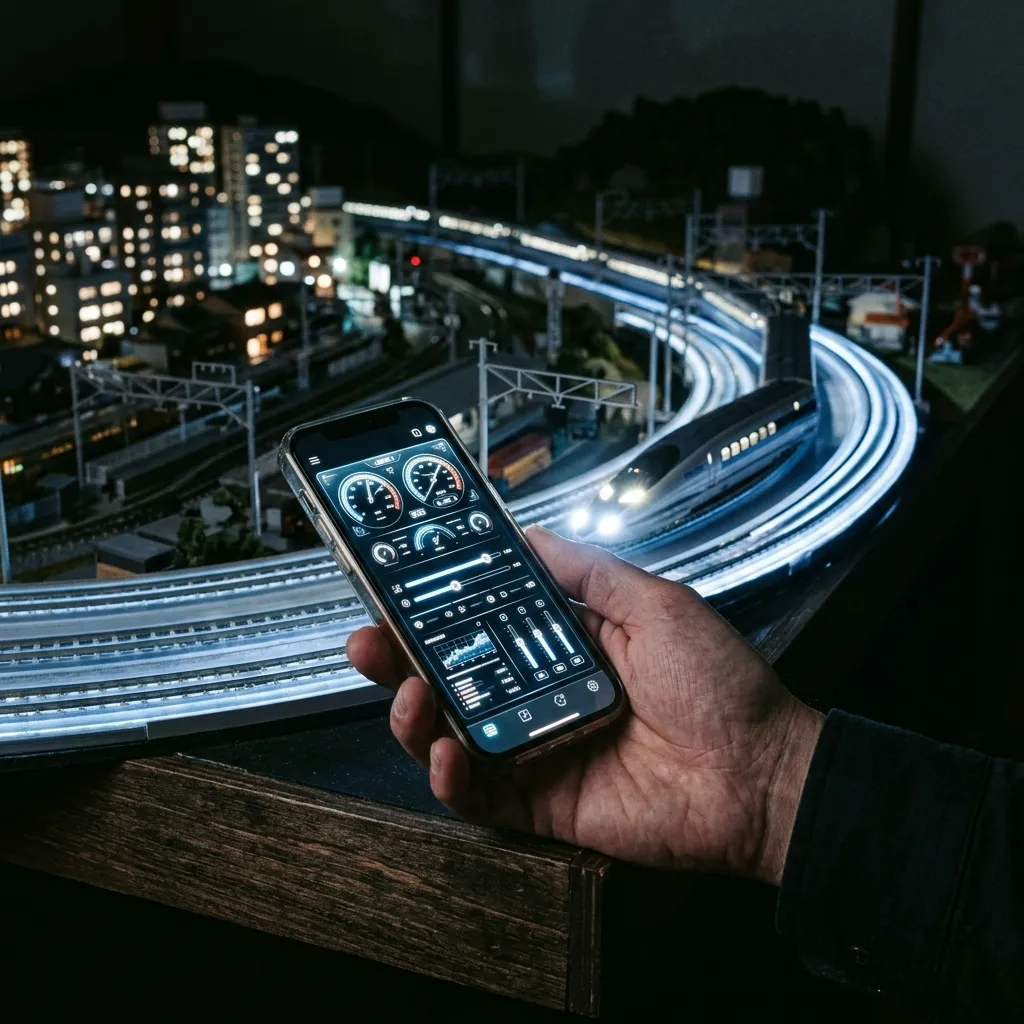 一人拿著正發出微光顯示火車儀表板的智慧型手機，背景是一列正快速通過發光區段的 N 軌鐵道模型新幹線