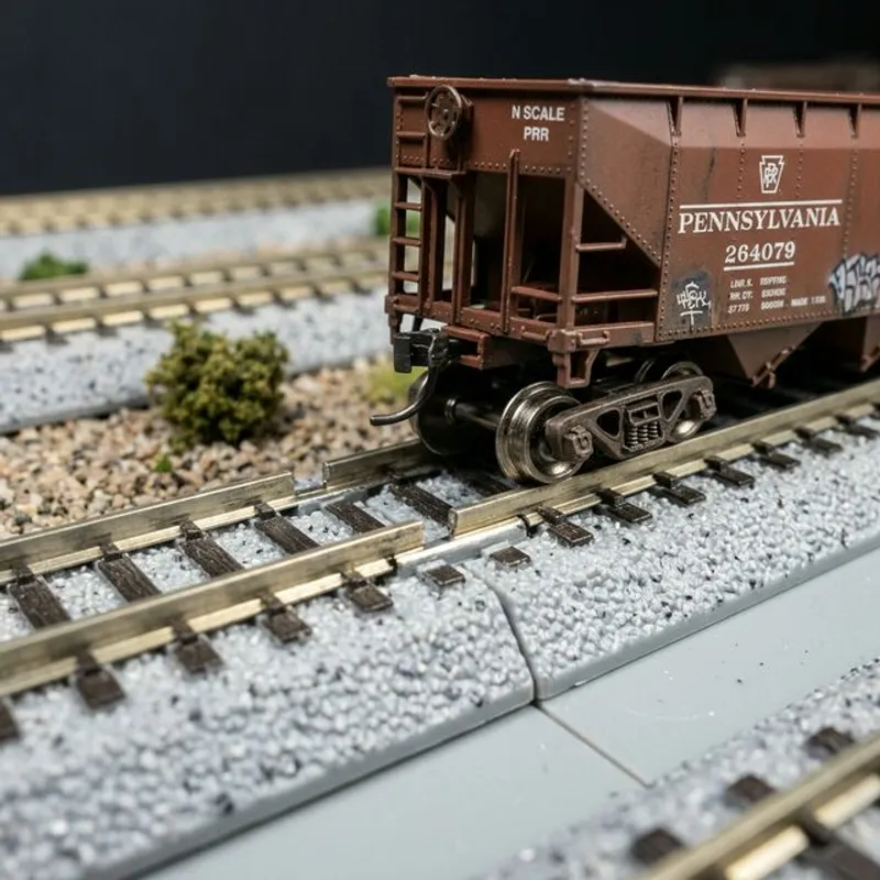 N軌模型火車在軌道接頭錯位處脫軌的特寫