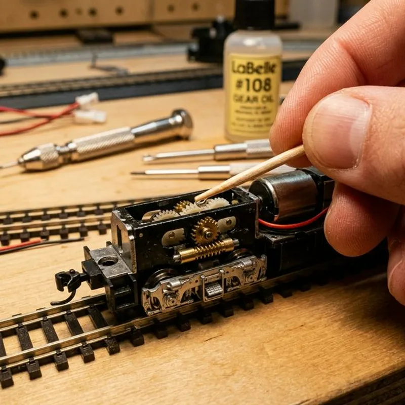 用牙籤為N軌模型火車齒輪箱滴一小滴齒輪油