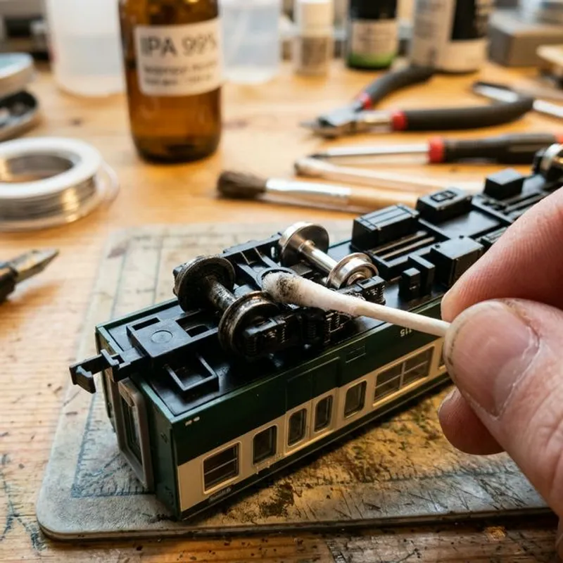 用棉花棒沾IPA清潔N軌模型火車車輪，黑色積碳vs清潔後銀色金屬面