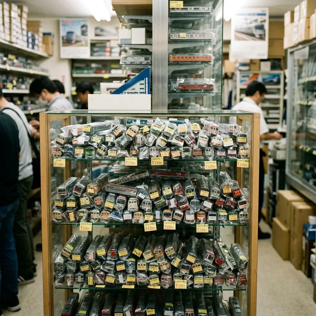 日本二手模型店的玻璃展示櫃，裡面塞滿了幾百台用透明塑膠袋廉價包裝的散裝二手鐵道模型車廂，帶著黃色的降價標籤