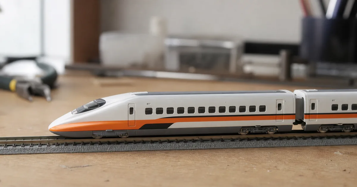 工作桌上的白色橘線 N 軌高速列車模型情境