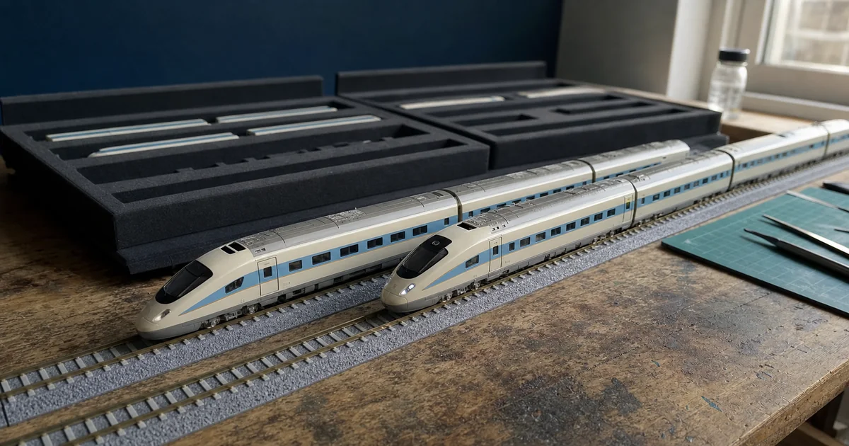兩列米白藍銅色無品牌N規高速列車在平行軌道與收納盒旁