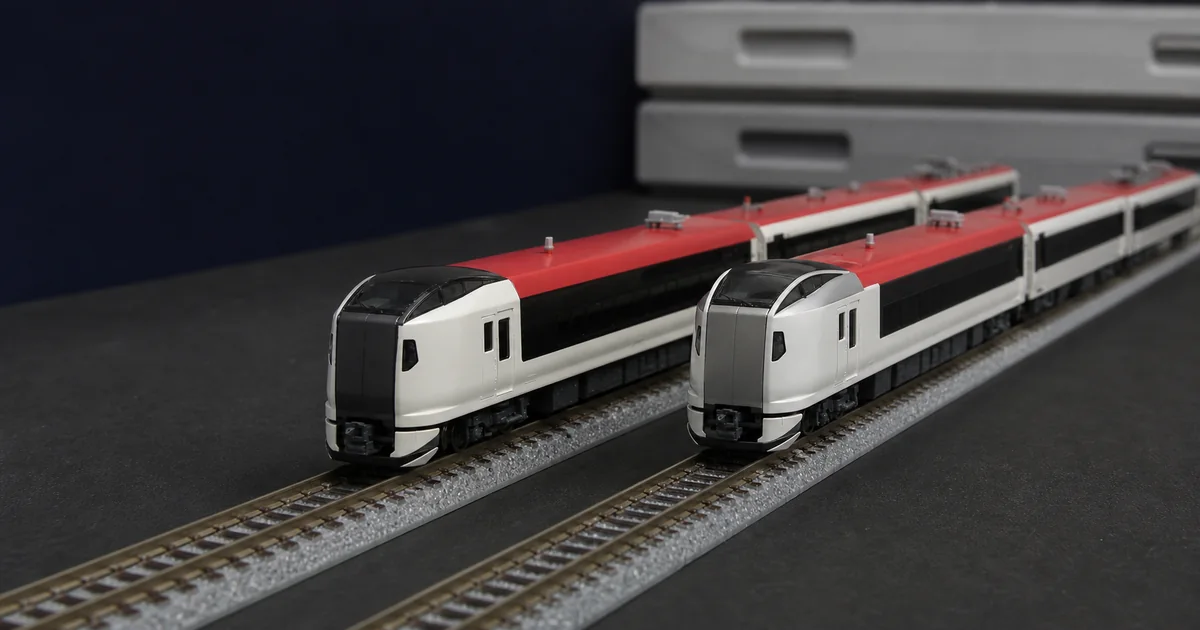 兩列紅白黑與銀色車頭空港特急模型的工作台比較情境