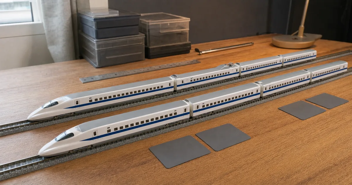 工作桌上兩列無品牌白藍色N規高速列車與三組無字盒裝規劃卡的比較情境