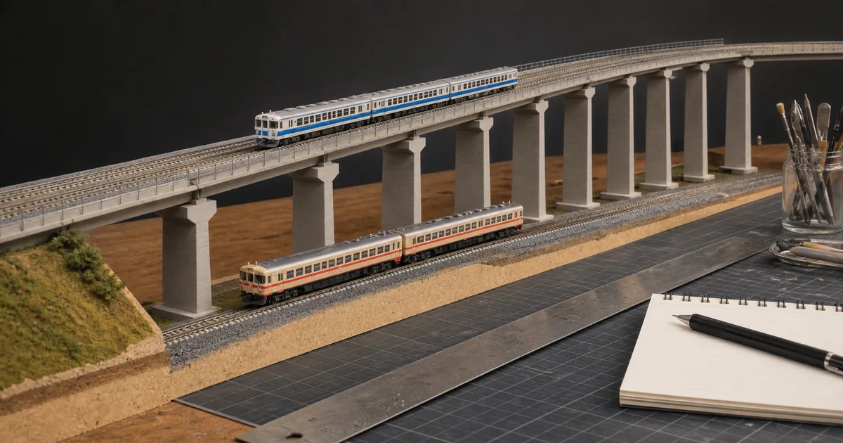An unbranded N scale double-track viaduct rising on concrete piers above a lower passenger train on a workbench
