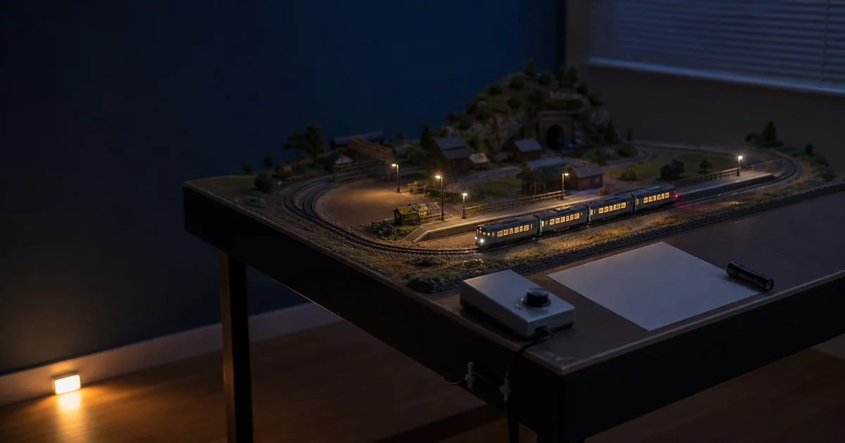 保留走道安全光的鐵道模型夜間運轉情境示意
