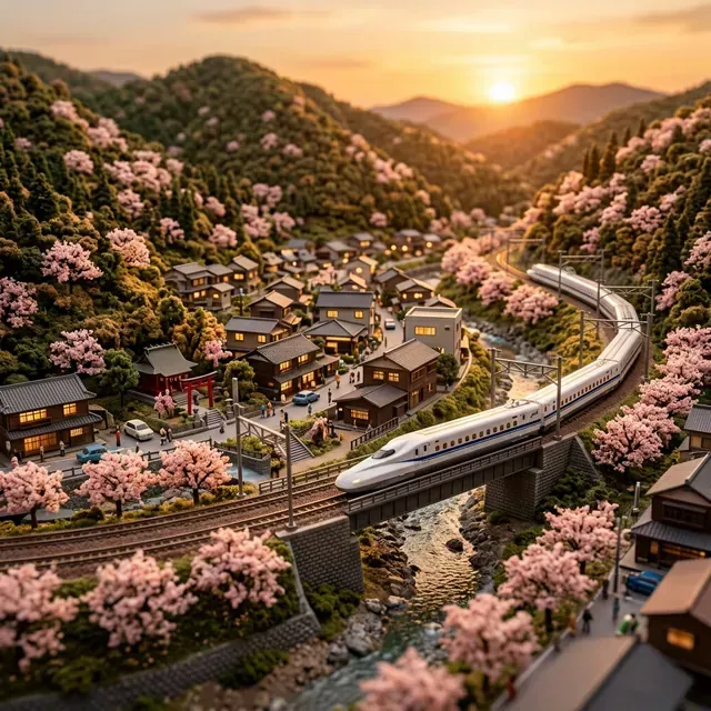 精緻的 N 軌日本新幹線模型穿越微縮山村場景，搭配櫻花樹和河流橋樑