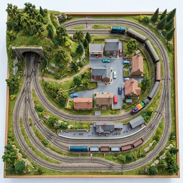 N軌雙環佈局俯視圖，含車站月台、草地場景、隧道口