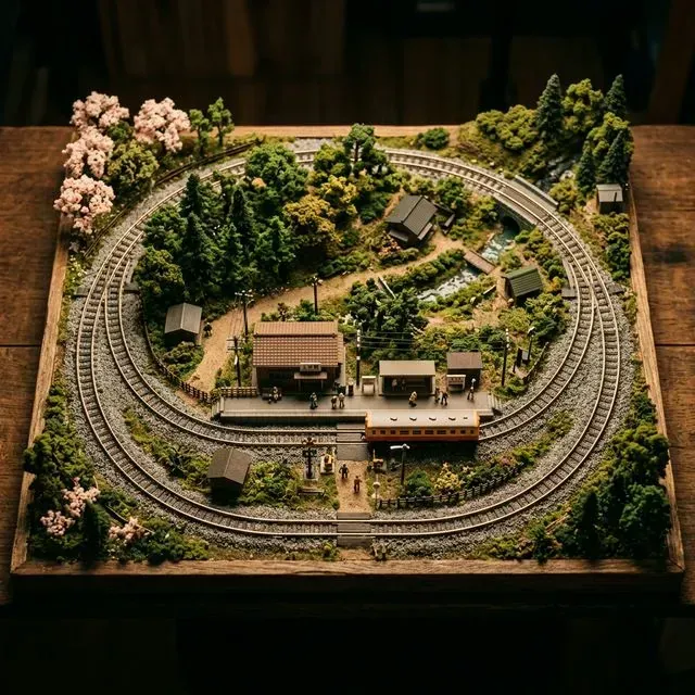 90x60cm的緊湊N軌佈局俯視圖，包含小型車站和場景元素