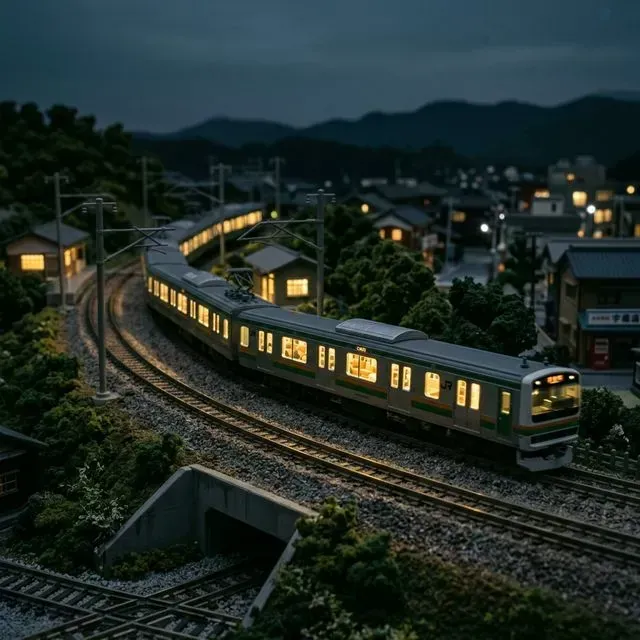 暗燈環境下N軌日本客車的室內LED燈溫暖發光，窗戶透出金色光線