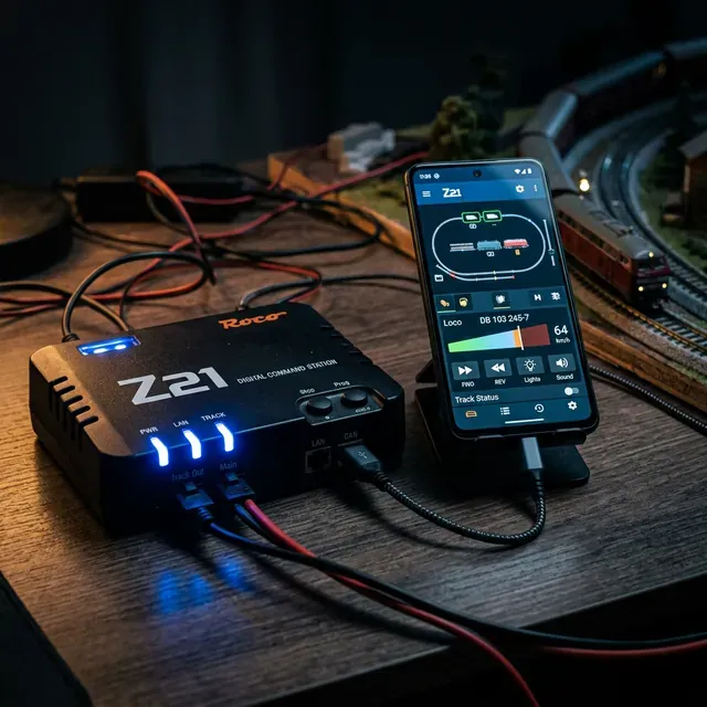 DCC 數位指揮站搭配手機 App 控制介面，藍色 LED 指示燈