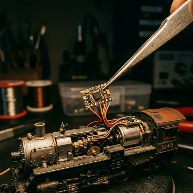 用鑷子將微型DCC解碼器晶片安裝進N軌機車頭，可見電路板和馬達